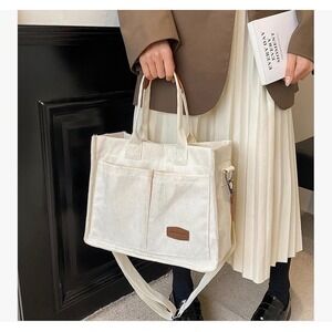 Corduroy Tote Bag Cream White Shoulder Bag Crossbody Bag School Bag